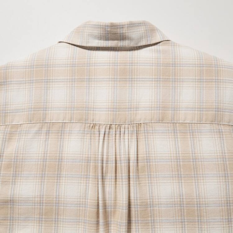 Women's Uniqlo Soft Brushed Checked Long Sleeved Shirts Beige | NJEP-93170