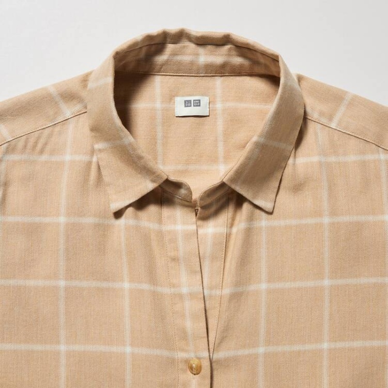 Women's Uniqlo Soft Brushed Checked Long Sleeved Shirts Beige | MHST-92685