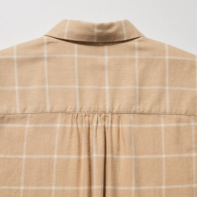 Women's Uniqlo Soft Brushed Checked Long Sleeved Shirts Beige | MHST-92685