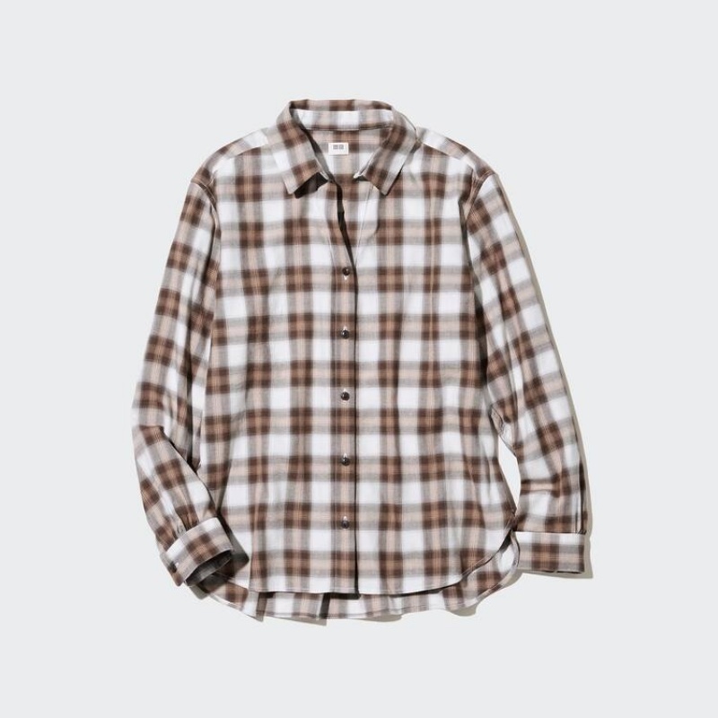 Women\'s Uniqlo Soft Brushed Checked Long Sleeved Shirts Brown | SFIH-52801