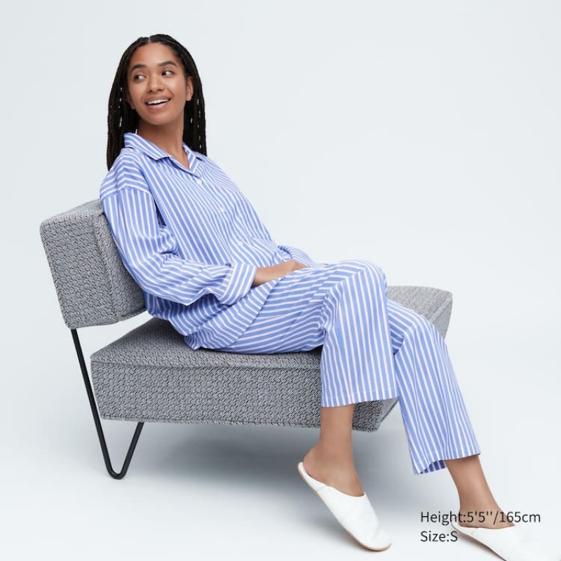 Women\'s Uniqlo Soft Stretch Striped Long Sleeved Loungewear Blue | JKWO-08497