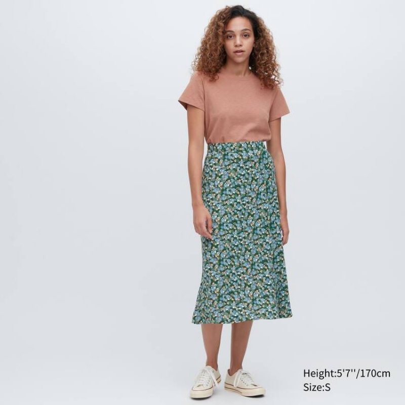 Women's Uniqlo Split Hem Printed Midi Skirts Green | HLNQ-81326