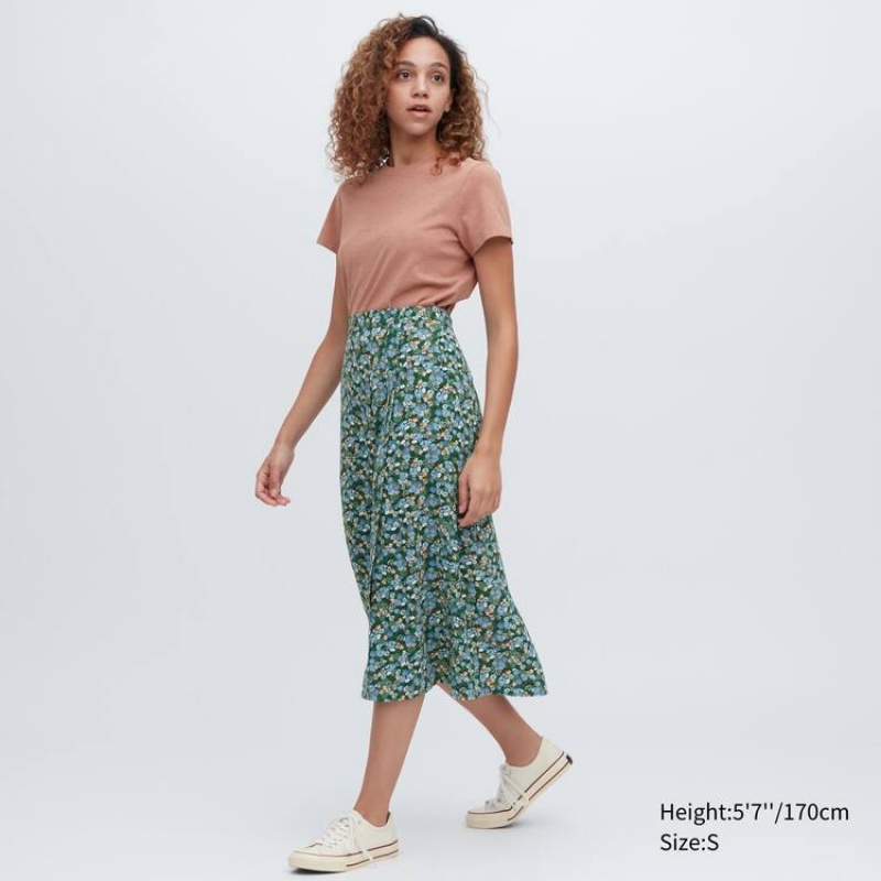 Women's Uniqlo Split Hem Printed Midi Skirts Green | HLNQ-81326