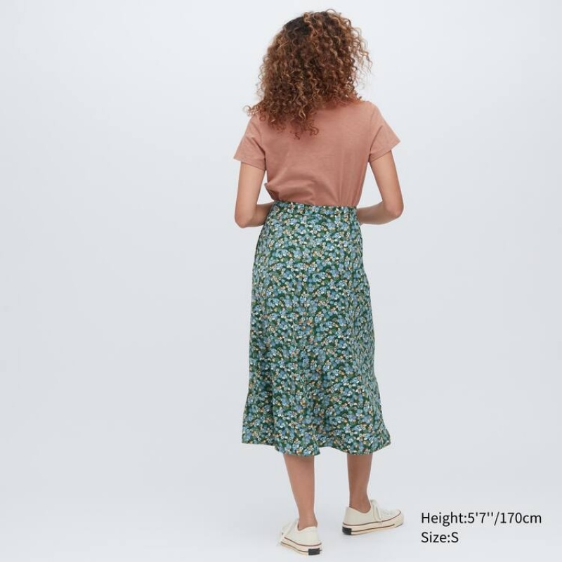 Women's Uniqlo Split Hem Printed Midi Skirts Green | HLNQ-81326