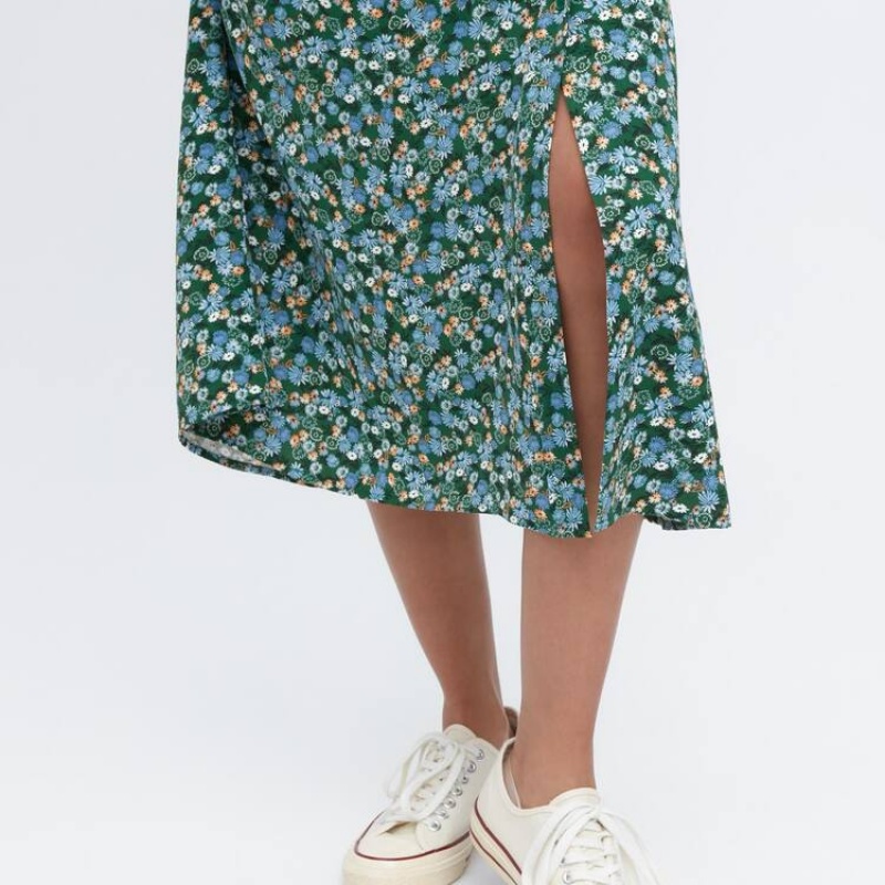 Women's Uniqlo Split Hem Printed Midi Skirts Green | HLNQ-81326