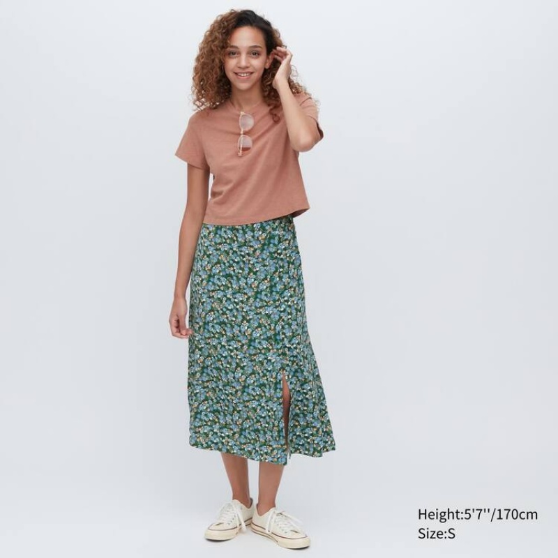 Women\'s Uniqlo Split Hem Printed Midi Skirts Green | HLNQ-81326