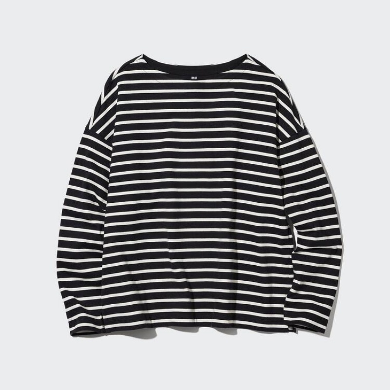 Women\'s Uniqlo Striped Long Sleeved T Shirts Black | KHVE-03897