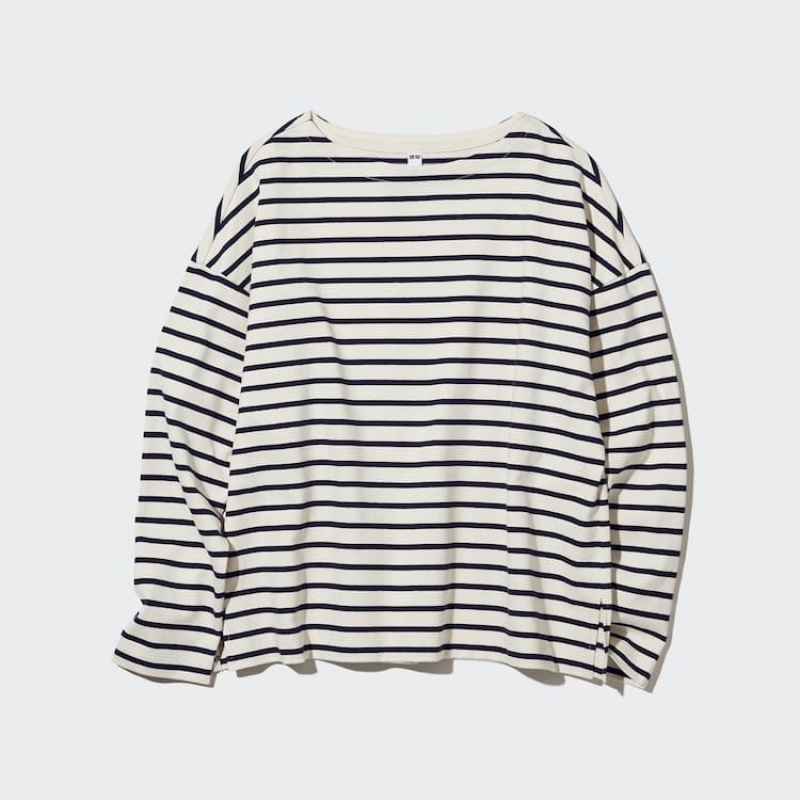 Women\'s Uniqlo Striped Long Sleeved T Shirts White | DESP-71385