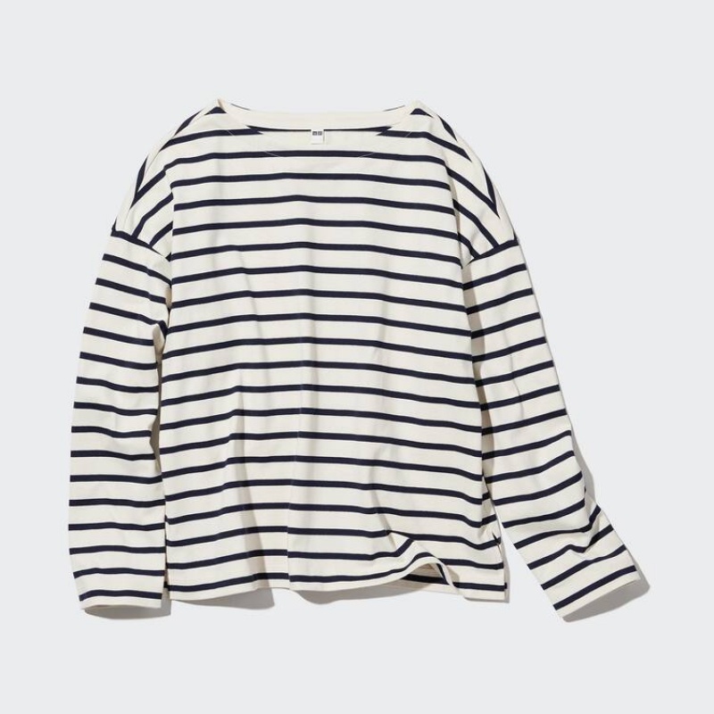 Women\'s Uniqlo Striped Long Sleeved T Shirts White | FHQS-16235