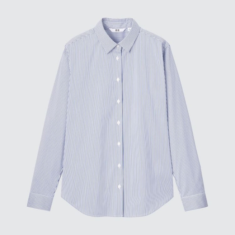 Women\'s Uniqlo Supima Cotton Stretch Broadcloth Striped Long Sleeved Shirts Blue | ZVCJ-08261