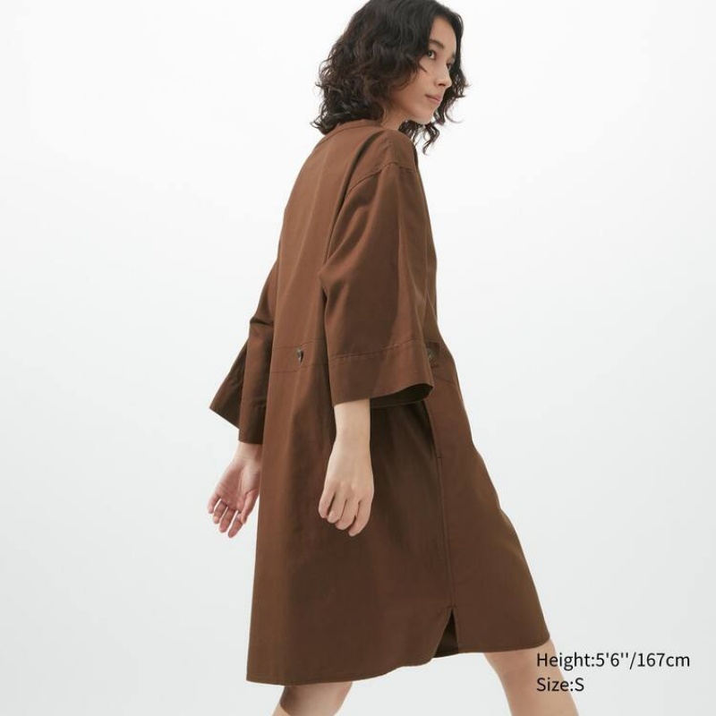 Women's Uniqlo U 3/4 Sleeved Dress Brown | YNQS-56893