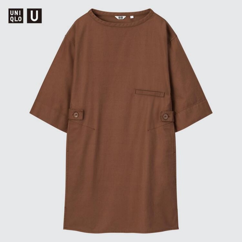 Women's Uniqlo U 3/4 Sleeved Dress Brown | YNQS-56893