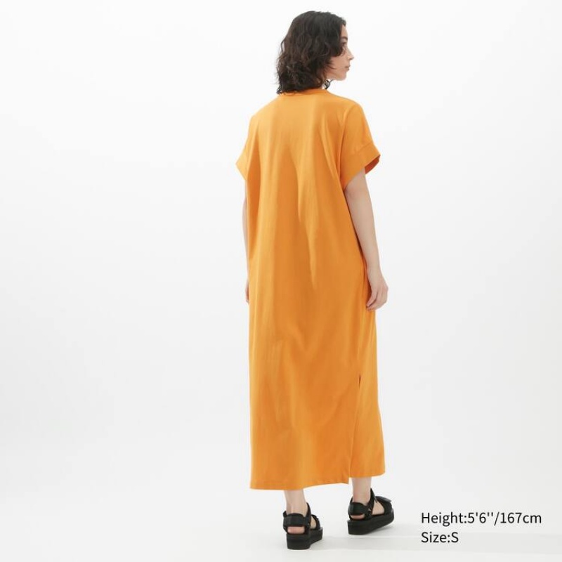 Women's Uniqlo U Airism Cottoned Short Sleeved Dress Orange | IWQM-03982