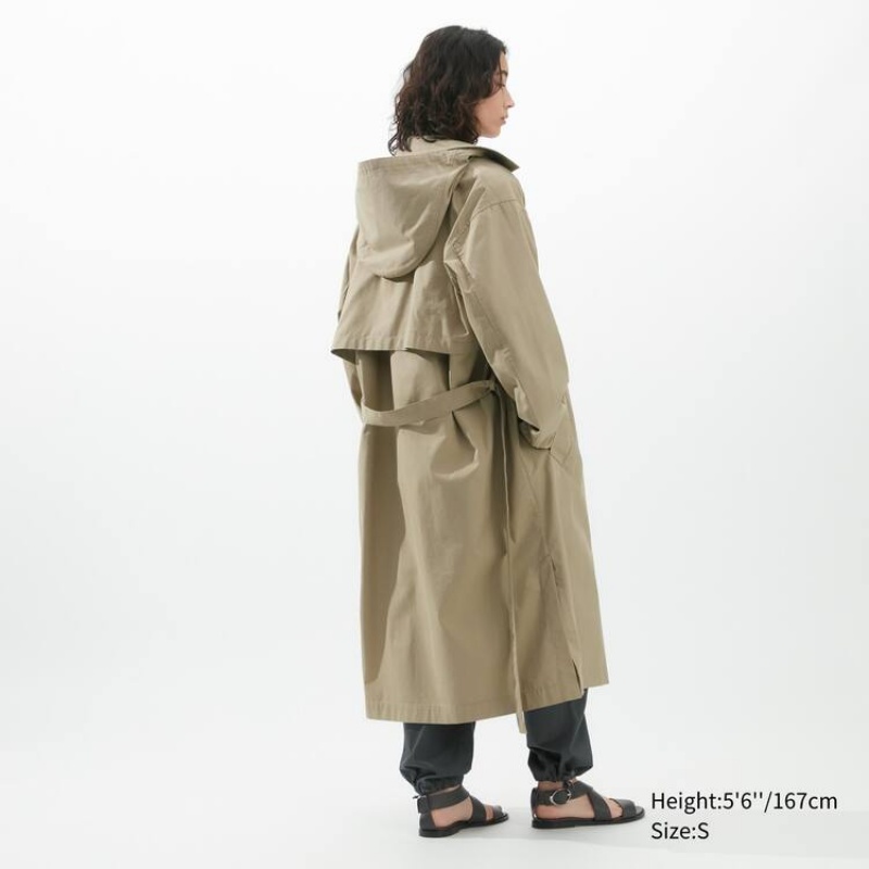 Women's Uniqlo U Hooded Long Coats Khaki | LVUB-25467