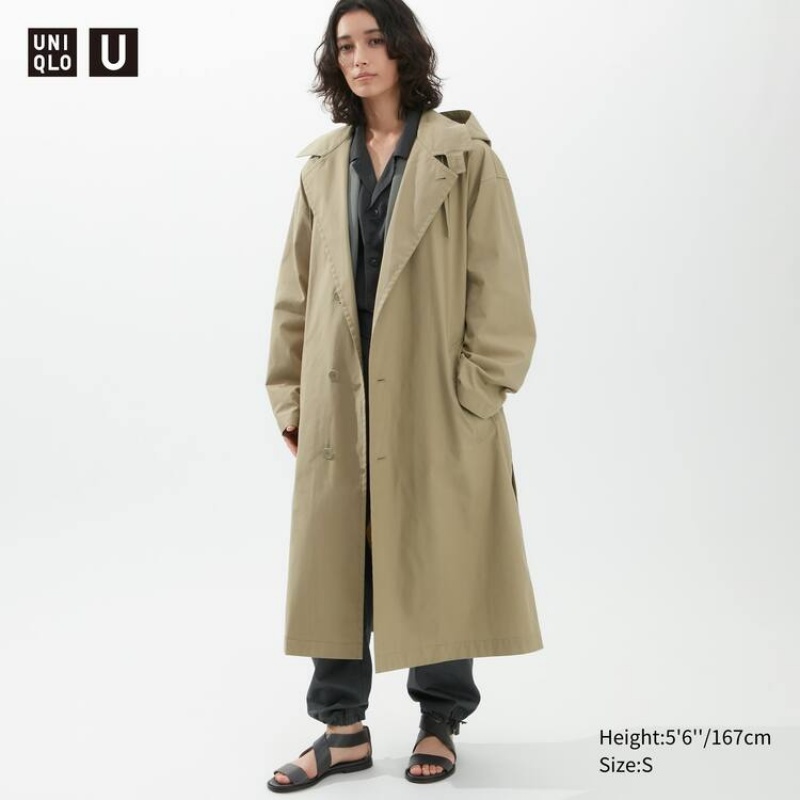 Women\'s Uniqlo U Hooded Long Coats Khaki | LVUB-25467