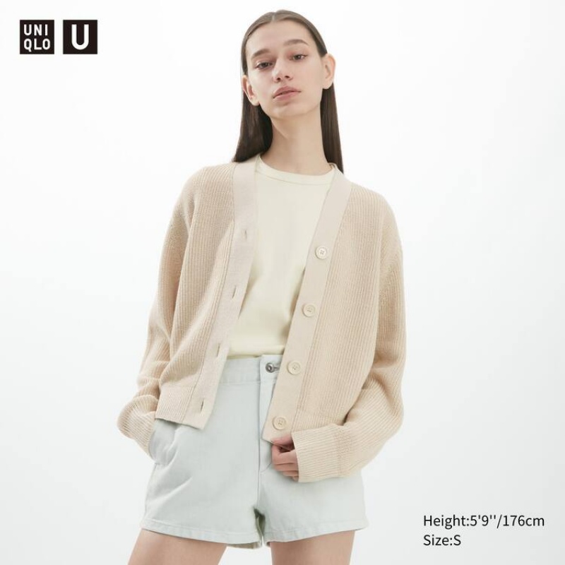 Women\'s Uniqlo U Ribbed Cardigan Beige | KBVL-72531