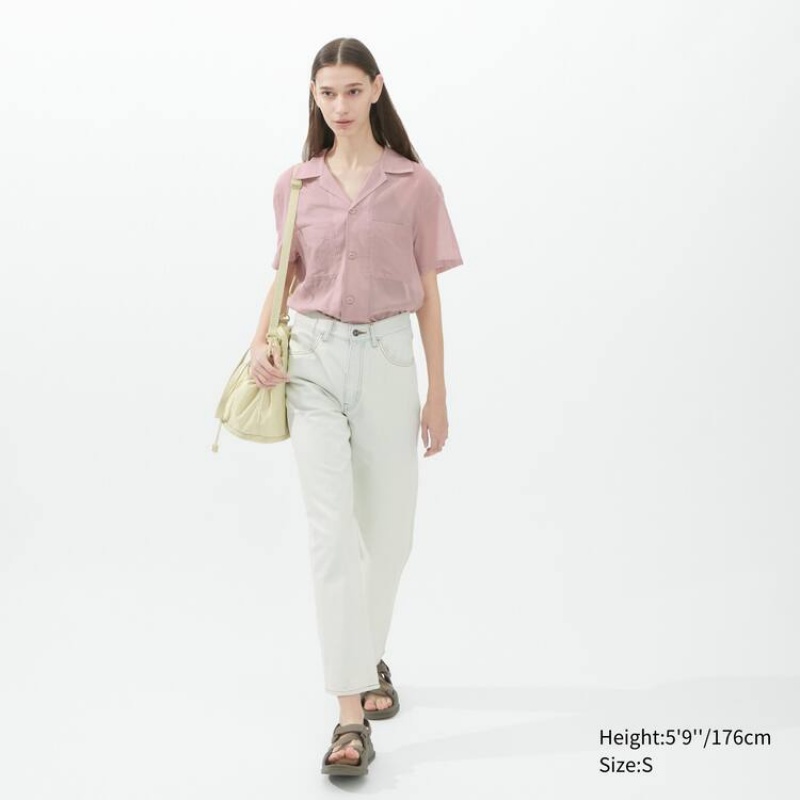 Women's Uniqlo U Sheer Short Sleeved Shirts Pink | MJIG-89526