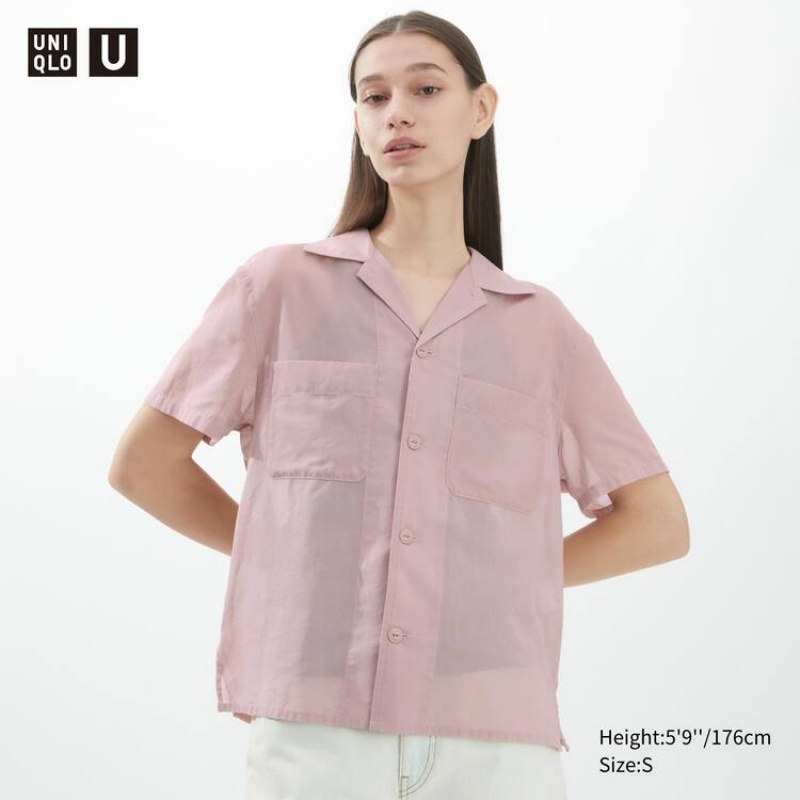 Women\'s Uniqlo U Sheer Short Sleeved Shirts Pink | MJIG-89526