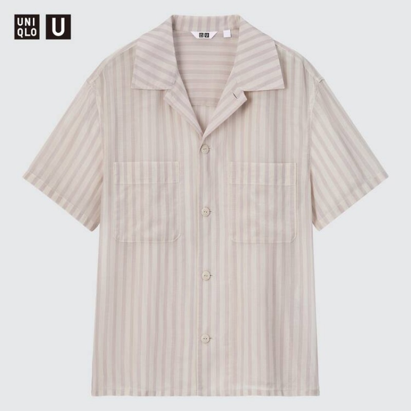 Women's Uniqlo U Sheer Striped Short Sleeved Shirts Pink | OSYJ-94835