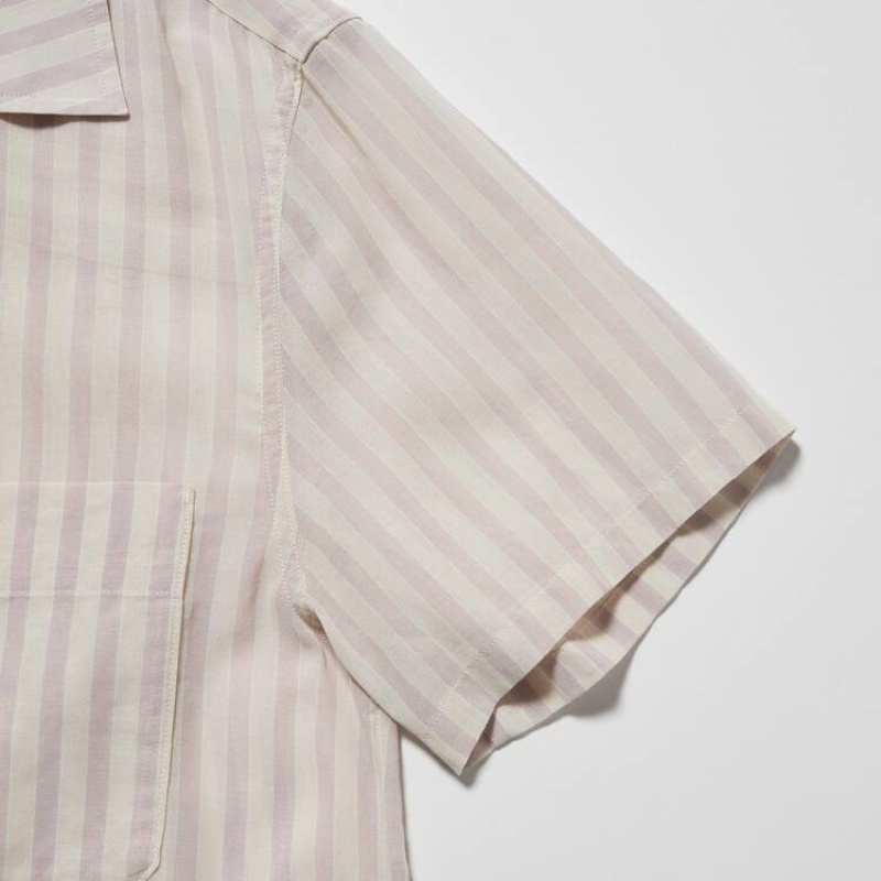 Women's Uniqlo U Sheer Striped Short Sleeved Shirts Pink | OSYJ-94835