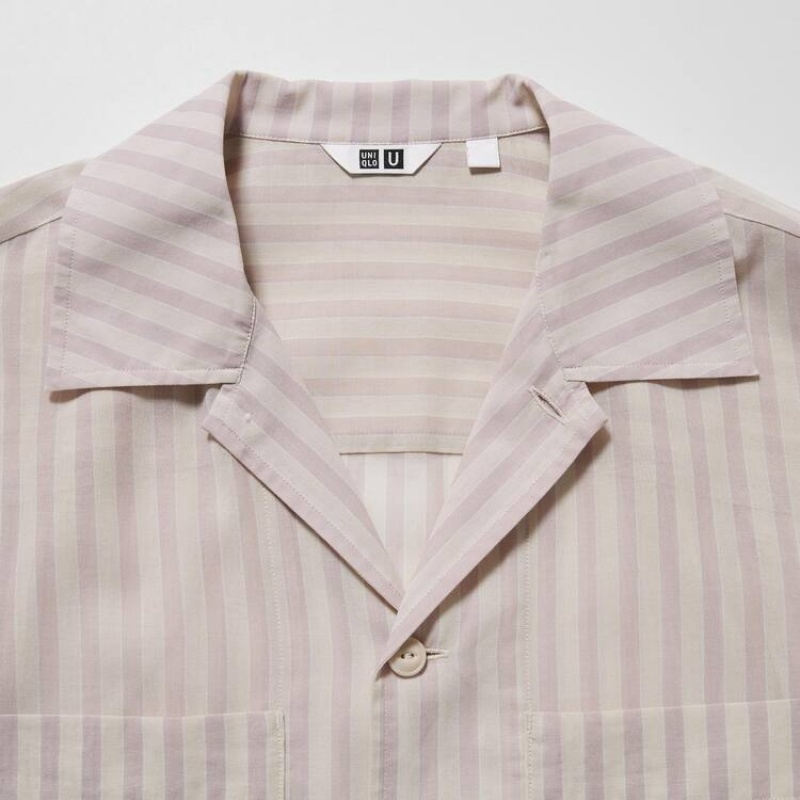 Women's Uniqlo U Sheer Striped Short Sleeved Shirts Pink | OSYJ-94835