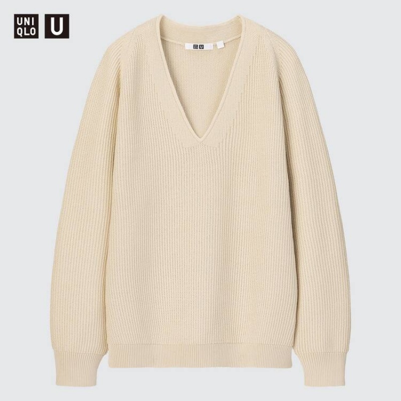 Women's Uniqlo U V Neck Knitwear Beige | HPKW-46503