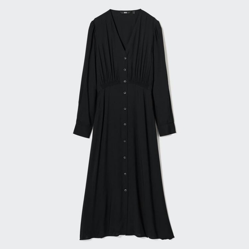 Women's Uniqlo V Neck Flared Long Sleeved Dress Black | ESPM-67058