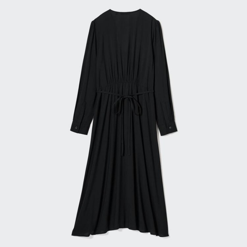 Women's Uniqlo V Neck Flared Long Sleeved Dress Black | ESPM-67058