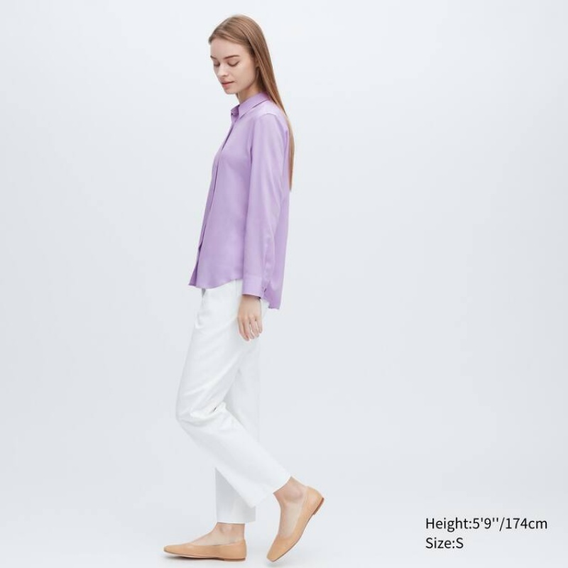 Women's Uniqlo Viscose Long Sleeved Blouse Purple | YJAB-19857