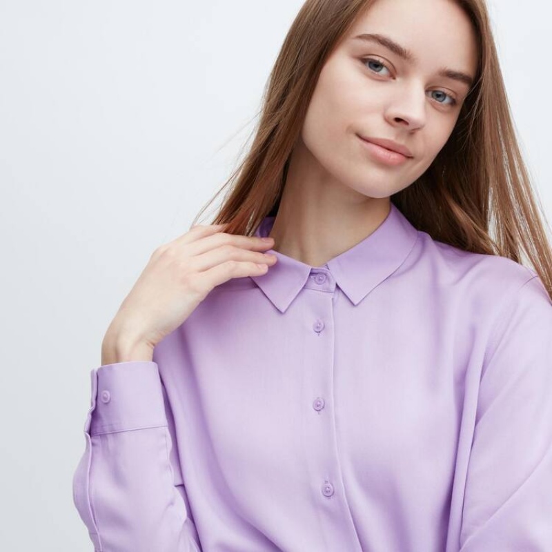 Women's Uniqlo Viscose Long Sleeved Blouse Purple | YJAB-19857