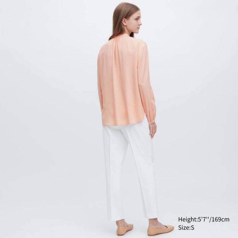 Women's Uniqlo Viscose Pintucked Long Sleeved Blouse Coral | THSO-73925