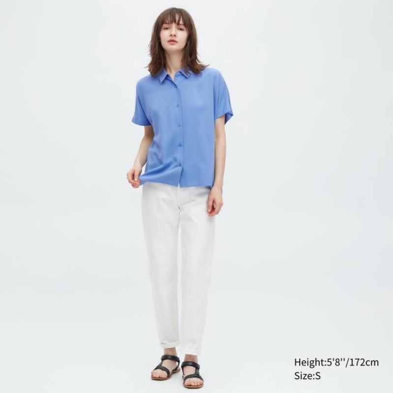 Women's Uniqlo Viscose Short Sleeved Blouse Blue | UCYE-68970