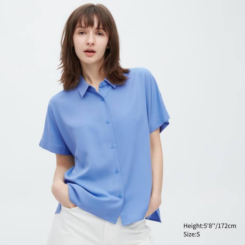 Women\'s Uniqlo Viscose Short Sleeved Blouse Blue | UCYE-68970