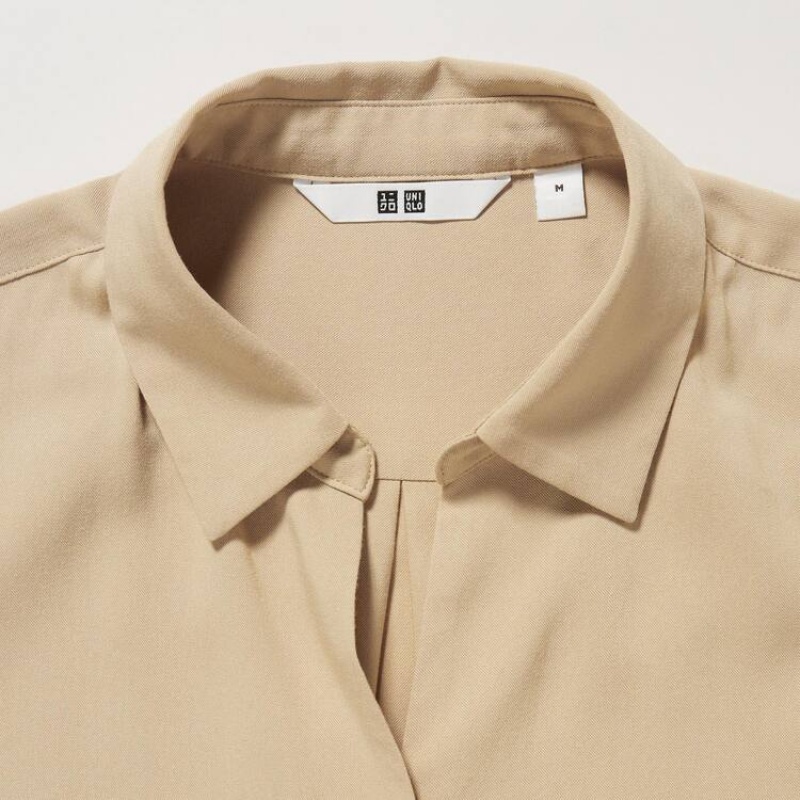 Women's Uniqlo Viscose Skipper Collar 3/4 Sleeved Blouse Khaki | CAVF-70298