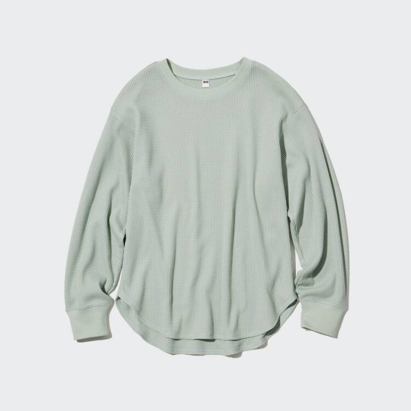 Women\'s Uniqlo Waffle Crew Neck Long Sleeved Tops Green | FACZ-31764