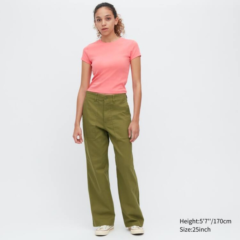 Women's Uniqlo Wide Leg Baker Trousers Olive | ZJSX-25140