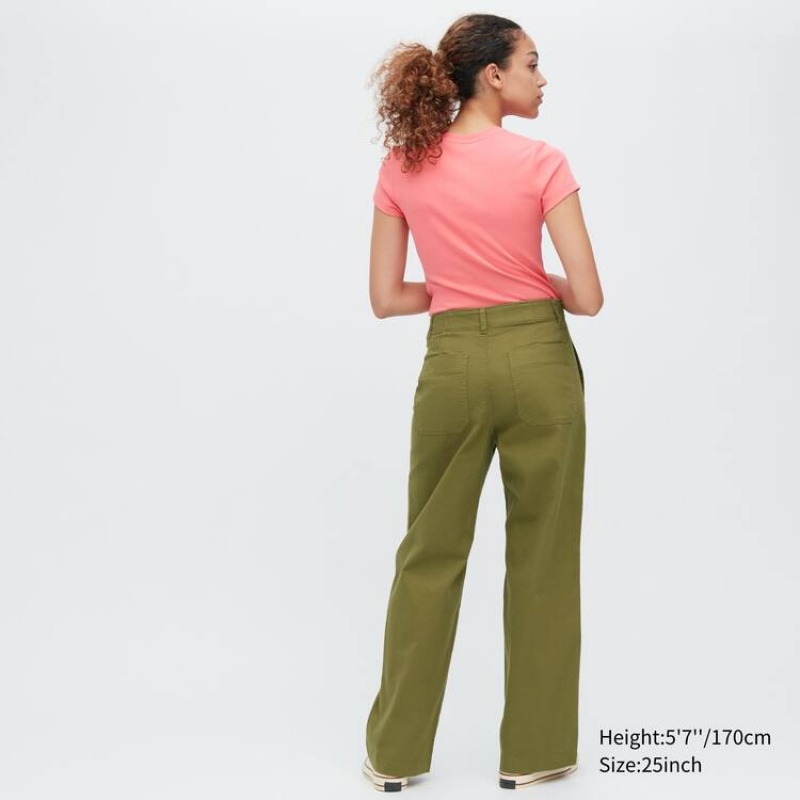 Women's Uniqlo Wide Leg Baker Trousers Olive | ZJSX-25140