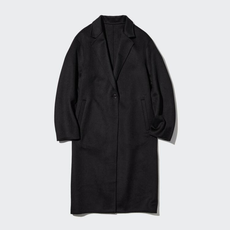 Women\'s Uniqlo Wool Blend Long Coats Black | JUIH-23140