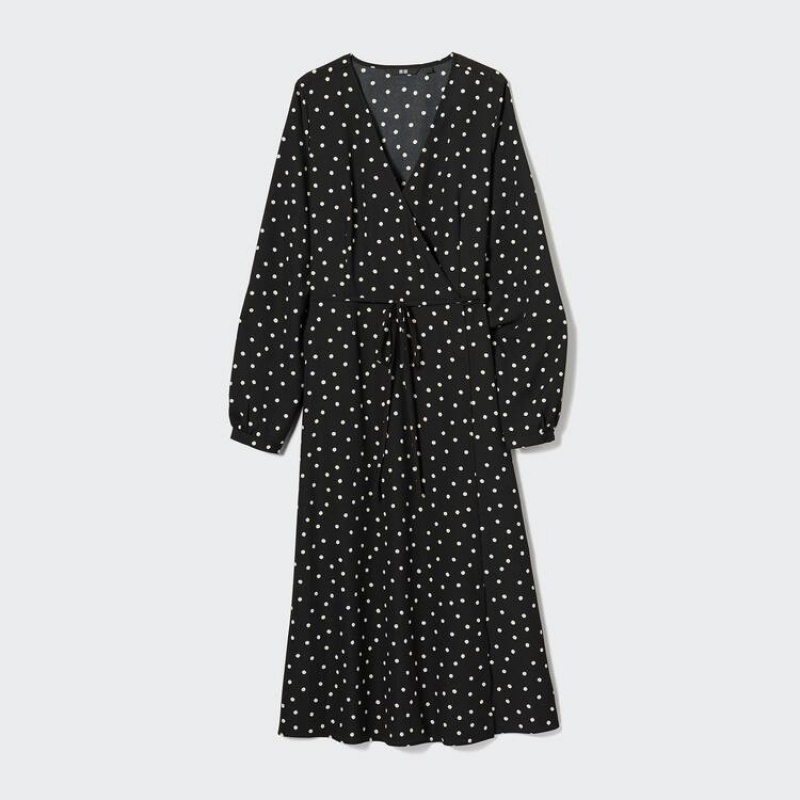 Women\'s Uniqlo Wrap Dotted Long Sleeved Dress Black | NUHB-67251